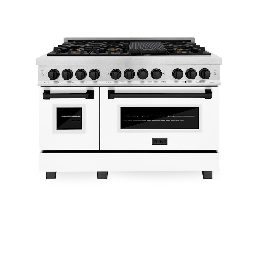 ZLINE Autograph Edition 48 in. 6.0 cu. ft. Legacy Dual Fuel Range with 7 Burner Gas Cooktop and 2 Electric Ovens in Satin Stainless Steel with White Matte Doors and Matte Black Accents, Open Box-Good Condition
