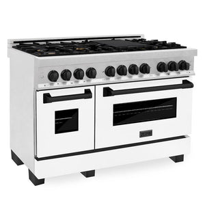 ZLINE Autograph Edition 48 in. 6.0 cu. ft. Legacy Dual Fuel Range with 7 Burner Gas Cooktop and 2 Electric Ovens in Satin Stainless Steel with White Matte Doors and Matte Black Accents (RASZ-WM-48-MB) main image.