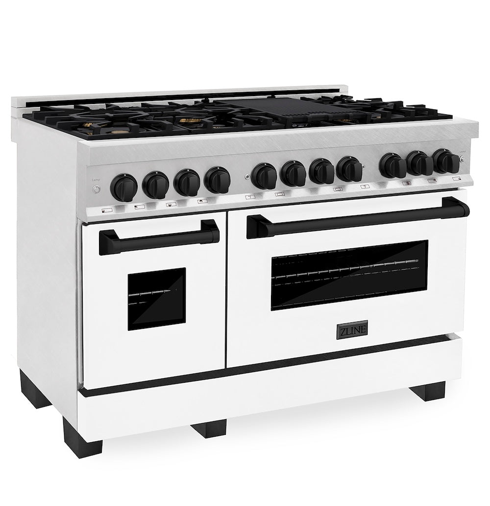 ZLINE Autograph Edition 48 in. 6.0 cu. ft. Legacy Dual Fuel Range with 7 Burner Gas Cooktop and 2 Electric Ovens in Satin Stainless Steel with White Matte Doors and Matte Black Accents, Open Box-Good Condition