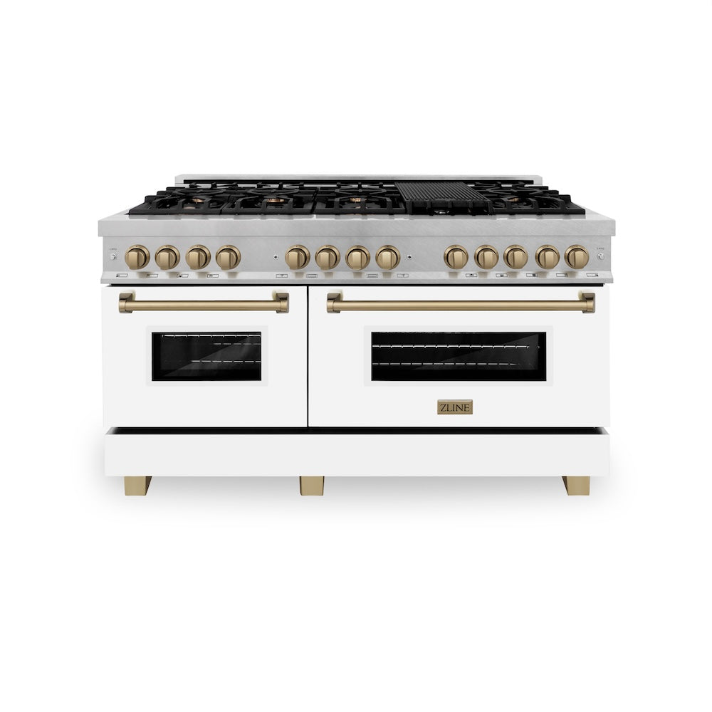 ZLINE Autograph Edition 60 in. 7.4 cu. ft. Legacy Dual Fuel Range with 9 Burner Gas Cooktop and 2 Electric Convection Ovens in Satin Stainless Steel with White Matte Doors and Champagne Bronze Accents (RASZ-WM-60-CB) front.