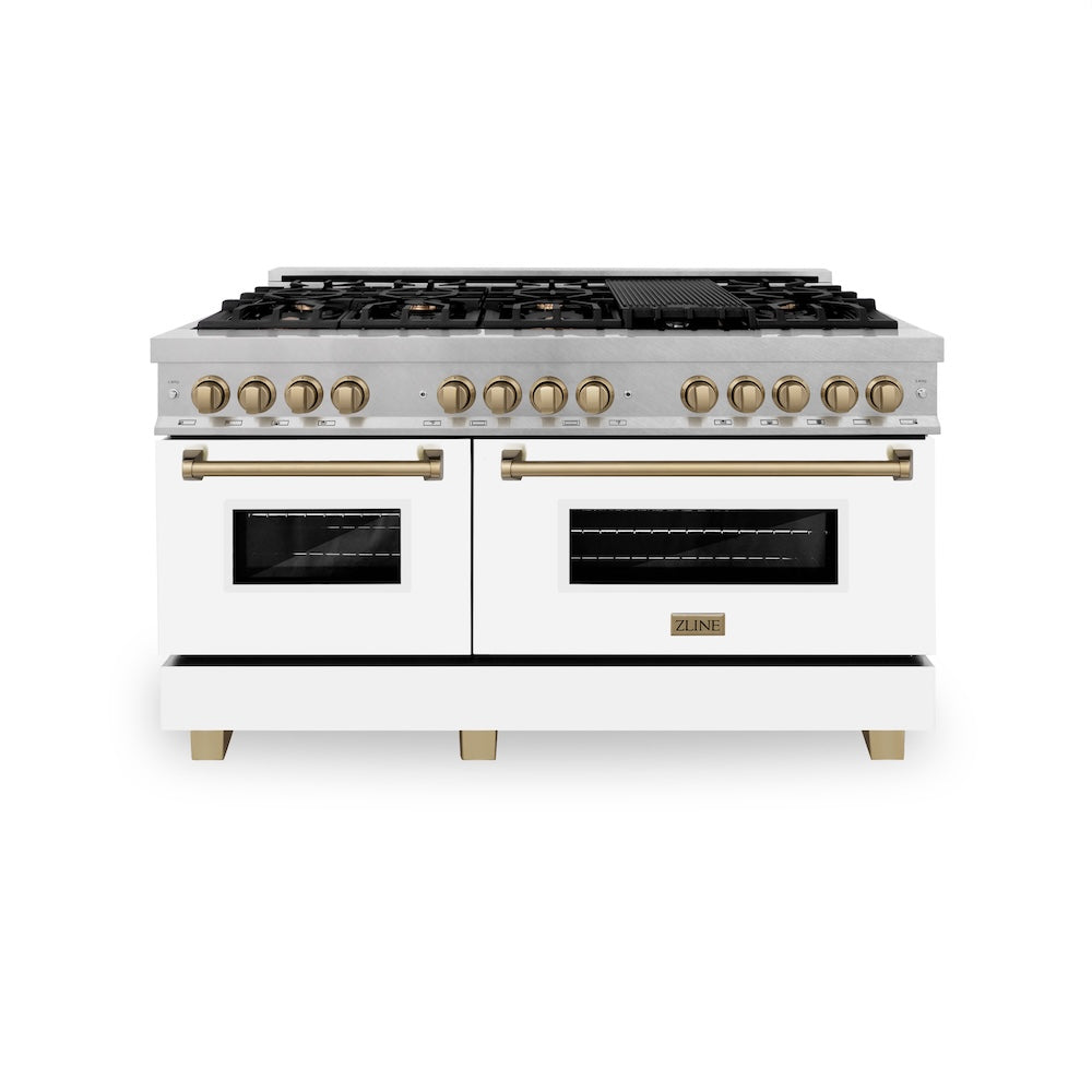 ZLINE Autograph Edition 60 in. 7.4 cu. ft. Legacy Dual Fuel Range with 9 Burner Gas Cooktop and 2 Electric Convection Ovens in Satin Stainless Steel with White Matte Doors and Champagne Bronze Accents, Open Box-Good Condition