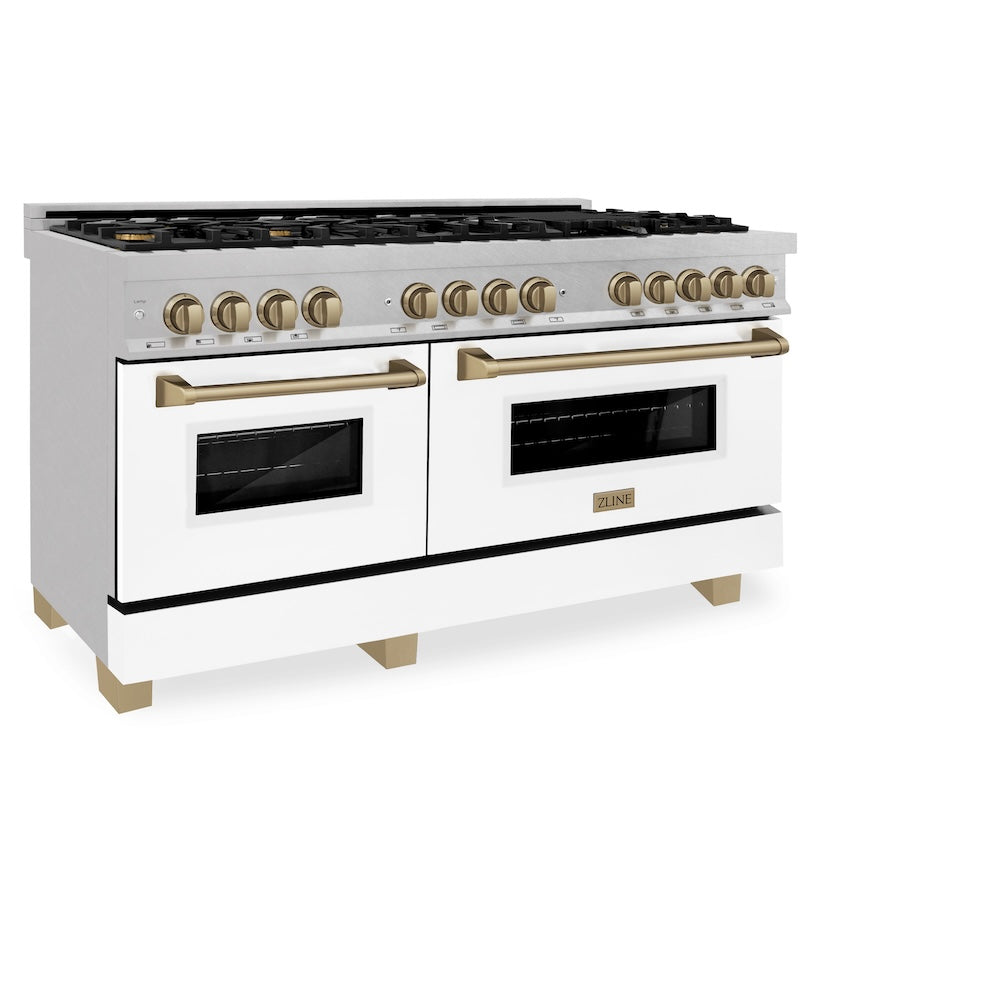 ZLINE Autograph Edition 60 in. 7.4 cu. ft. Legacy Dual Fuel Range with 9 Burner Gas Cooktop and 2 Electric Convection Ovens in Satin Stainless Steel with White Matte Doors and Champagne Bronze Accents, Open Box-Good Condition