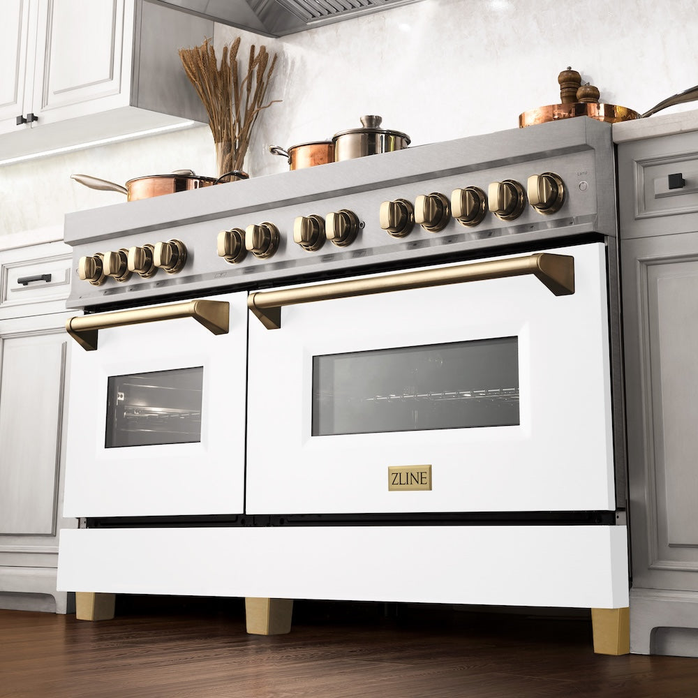 ZLINE Autograph Edition 60 in. 7.4 cu. ft. Legacy Dual Fuel Range with 9 Burner Gas Cooktop and 2 Electric Convection Ovens in Satin Stainless Steel with White Matte Doors and Polished Gold Accents, Open Box-Good Condition