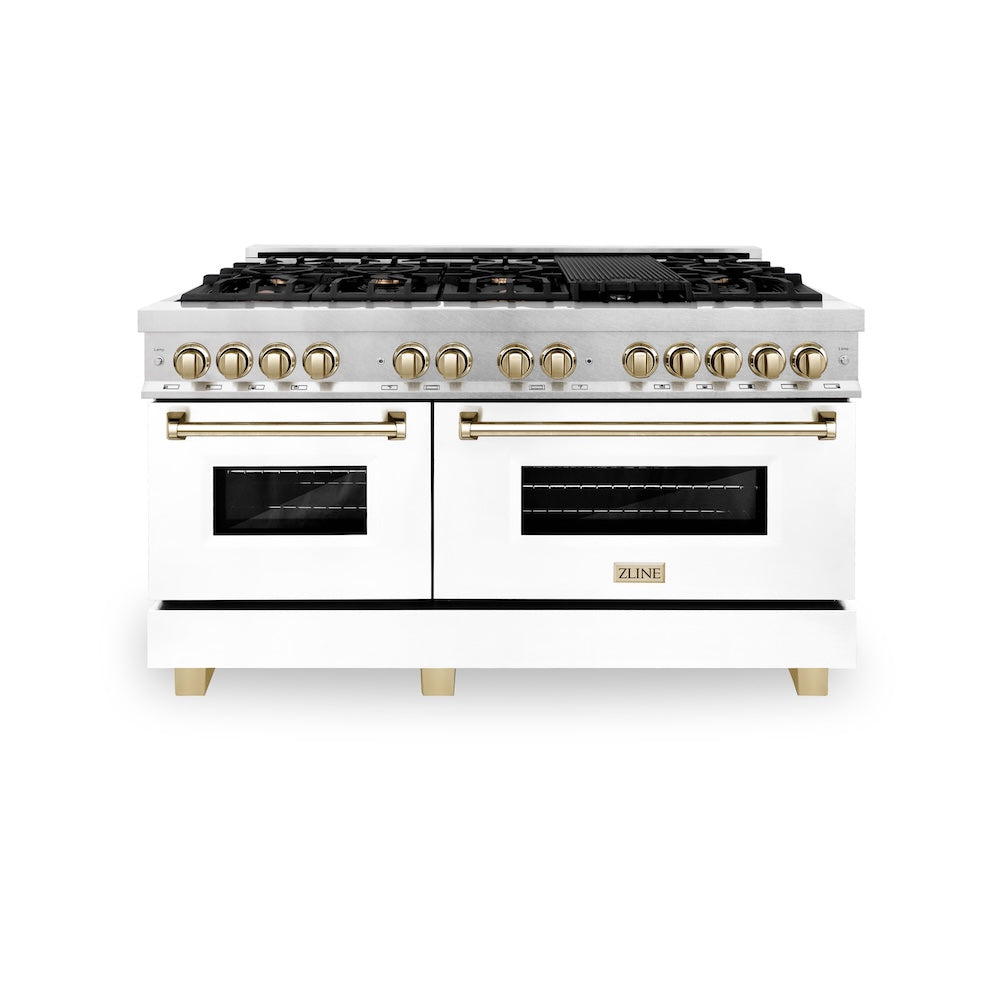 ZLINE Autograph Edition 60 in. 7.4 cu. ft. Legacy Dual Fuel Range with 9 Burner Gas Cooktop and 2 Electric Convection Ovens in Satin Stainless Steel with White Matte Doors and Polished Gold Accents, Open Box-Good Condition