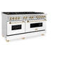 ZLINE Autograph Edition 60 in. 7.4 cu. ft. Legacy Dual Fuel Range with 9 Burner Gas Cooktop and 2 Electric Convection Ovens in Satin Stainless Steel with White Matte Doors and Polished Gold Accents (RASZ-WM-60-G) side.