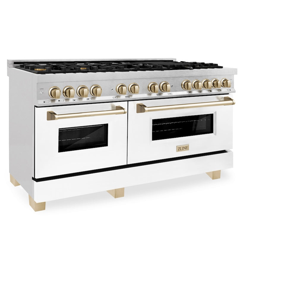 ZLINE Autograph Edition 60 in. 7.4 cu. ft. Legacy Dual Fuel Range with 9 Burner Gas Cooktop and 2 Electric Convection Ovens in Satin Stainless Steel with White Matte Doors and Polished Gold Accents (RASZ-WM-60-G) side.