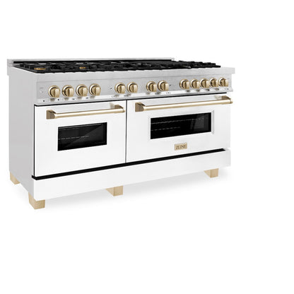 ZLINE Autograph Edition 60 in. 7.4 cu. ft. Legacy Dual Fuel Range with 9 Burner Gas Cooktop and 2 Electric Convection Ovens in Satin Stainless Steel with White Matte Doors and Polished Gold Accents, Open Box-Great Condition