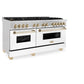 ZLINE Autograph Edition 60 in. 7.4 cu. ft. Legacy Dual Fuel Range with 9 Burner Gas Cooktop and 2 Electric Convection Ovens in Satin Stainless Steel with White Matte Doors and Polished Gold Accents, Open Box-Good Condition