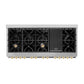 ZLINE Autograph Edition 60 in. 7.4 cu. ft. Legacy Dual Fuel Range with 9 Burner Gas Cooktop and 2 Electric Convection Ovens in Satin Stainless Steel with White Matte Doors and Polished Gold Accents (RASZ-WM-60-G) top-down, above cooktop.