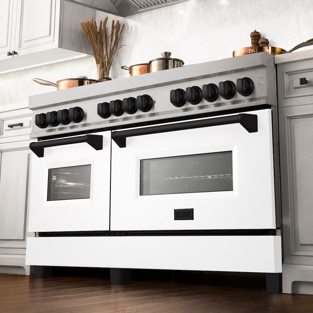 ZLINE Autograph Edition 60 in. 7.4 cu. ft. Legacy Dual Fuel Range with 9 Burner Gas Cooktop and 2 Electric Convection Ovens in Satin Stainless Steel with White Matte Doors and Matte Black Accents, Open Box-Good Condition