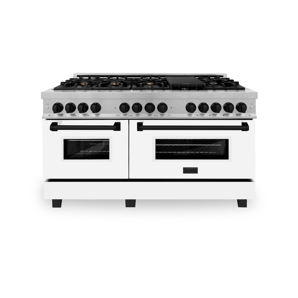 ZLINE Autograph Edition 60 in. 7.4 cu. ft. Legacy Dual Fuel Range with 9 Burner Gas Cooktop and 2 Electric Convection Ovens in Satin Stainless Steel with White Matte Doors and Matte Black Accents (RASZ-WM-60-MB) front.