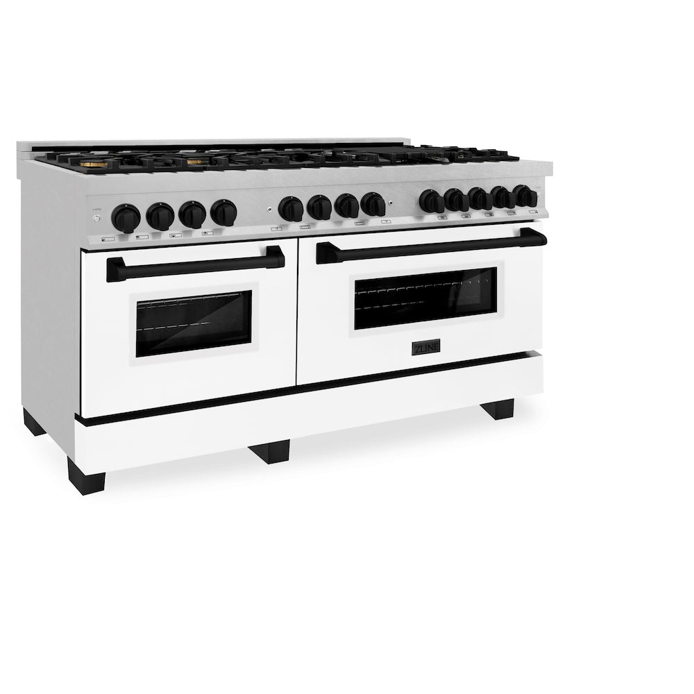 ZLINE Autograph Edition 60 in. 7.4 cu. ft. Legacy Dual Fuel Range with 9 Burner Gas Cooktop and 2 Electric Convection Ovens in Satin Stainless Steel with White Matte Doors and Matte Black Accents, Open Box-Good Condition