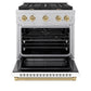 ZLINE Autograph Edition 30 in. 4.2 cu. ft. Paramount Dual Fuel Range with 4 Burner Gas Cooktop and Electric Convection Oven in Satin Stainless Steel with White Matte Door and Champagne Bronze Accents (SDRSZ-WM-30-CB) front, oven open.