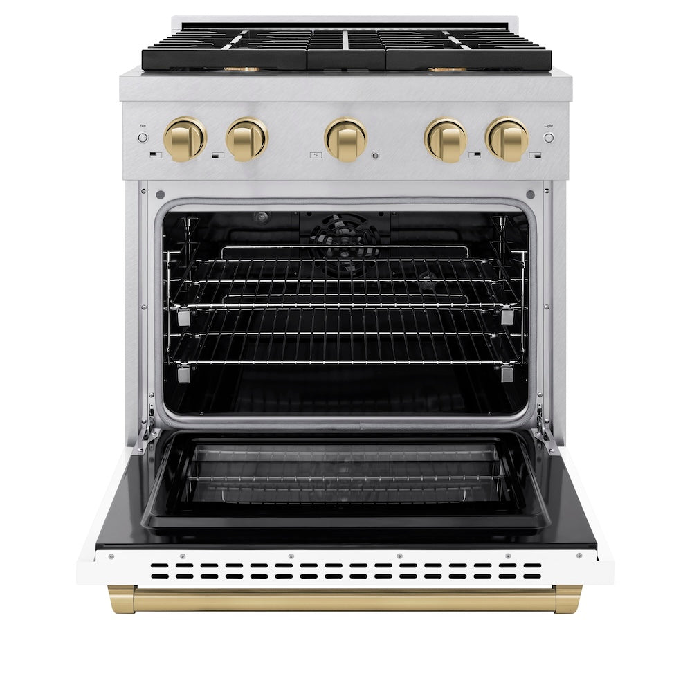 ZLINE Autograph Edition 30 in. 4.2 cu. ft. Paramount Dual Fuel Range with 4 Burner Gas Cooktop and Electric Convection Oven in Satin Stainless Steel with White Matte Door and Champagne Bronze Accents (SDRSZ-WM-30-CB) front, oven open.
