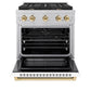 ZLINE Autograph Edition 30 in. 4.2 cu. ft. Paramount Dual Fuel Range with 4 Burner Gas Cooktop and Electric Convection Oven in Satin Stainless Steel with White Matte Door and Polished Gold Accents (SDRSZ-WM-30-G) front, oven open.