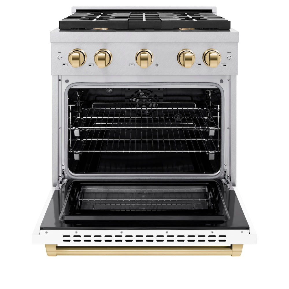 ZLINE Autograph Edition 30 in. 4.2 cu. ft. Paramount Dual Fuel Range with 4 Burner Gas Cooktop and Electric Convection Oven in Satin Stainless Steel with White Matte Door and Polished Gold Accents (SDRSZ-WM-30-G) front, oven open.