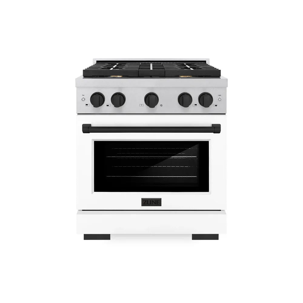 ZLINE Autograph Edition 30 in. 4.2 cu. ft. Paramount Dual Fuel Range with 4 Burner Gas Cooktop and Electric Convection Oven in Satin Stainless Steel with White Matte Door and Matte Black Accents, Open Box-Great Condition