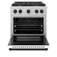 ZLINE Autograph Edition 30 in. 4.2 cu. ft. Paramount Dual Fuel Range with 4 Burner Gas Cooktop and Electric Convection Oven in Satin Stainless Steel with White Matte Door and Matte Black Accents (SDRSZ-WM-30-MB) front, oven open.