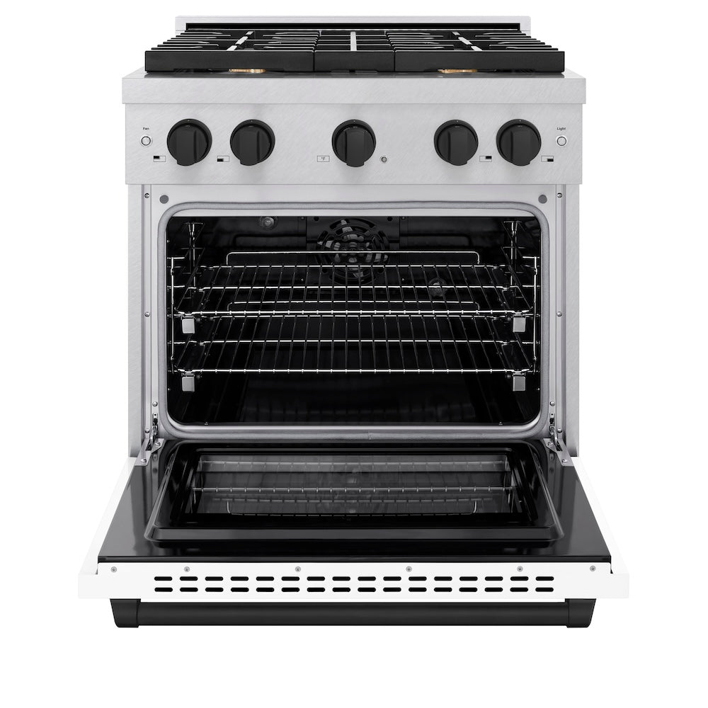 ZLINE Autograph Edition 30 in. 4.2 cu. ft. Paramount Dual Fuel Range with 4 Burner Gas Cooktop and Electric Convection Oven in Satin Stainless Steel with White Matte Door and Matte Black Accents (SDRSZ-WM-30-MB) front, oven open.