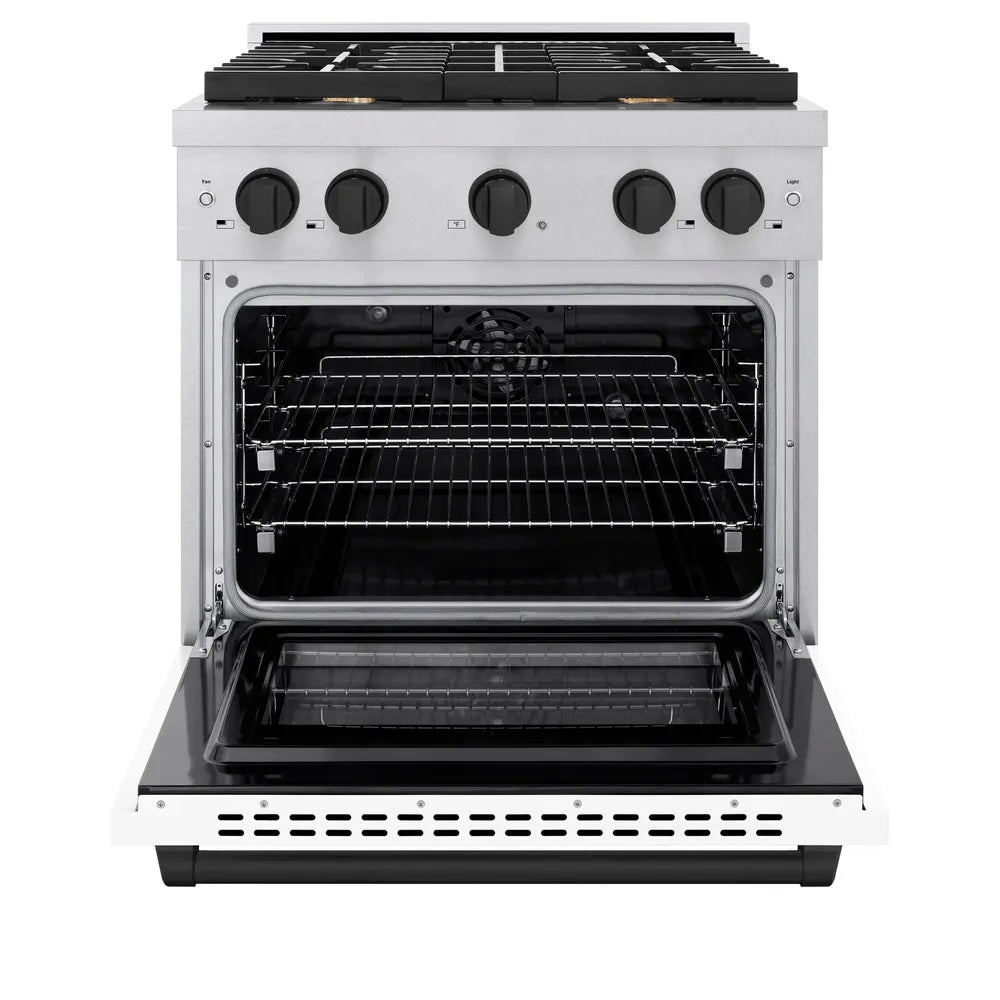 ZLINE Autograph Edition 30 in. 4.2 cu. ft. Paramount Dual Fuel Range with 4 Burner Gas Cooktop and Electric Convection Oven in Satin Stainless Steel with White Matte Door and Matte Black Accents, Open Box-Great Condition