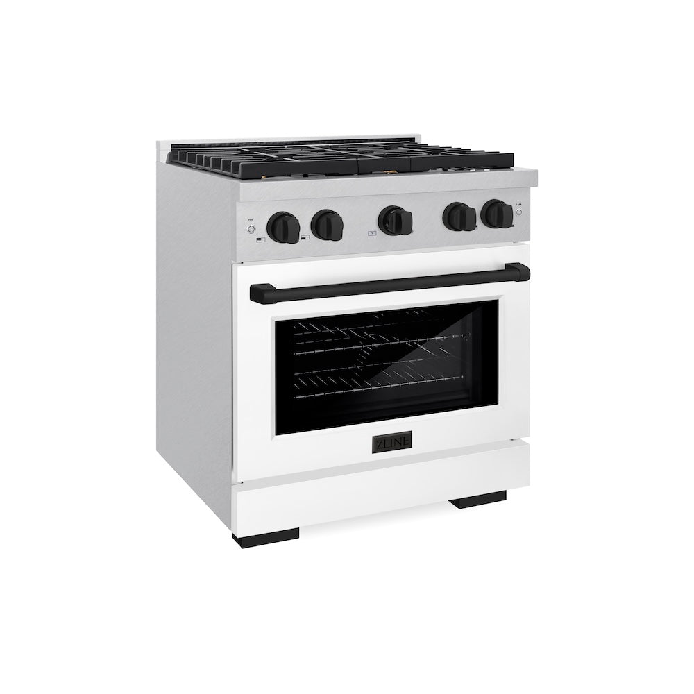ZLINE Autograph Edition 30 in. 4.2 cu. ft. Paramount Dual Fuel Range with 4 Burner Gas Cooktop and Electric Convection Oven in Satin Stainless Steel with White Matte Door and Matte Black Accents, Open Box-Good Condition main image.