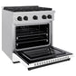 ZLINE Autograph Edition 30 in. 4.2 cu. ft. Paramount Dual Fuel Range with 4 Burner Gas Cooktop and Electric Convection Oven in Satin Stainless Steel with White Matte Door and Matte Black Accents (SDRSZ-WM-30-MB) side, open.