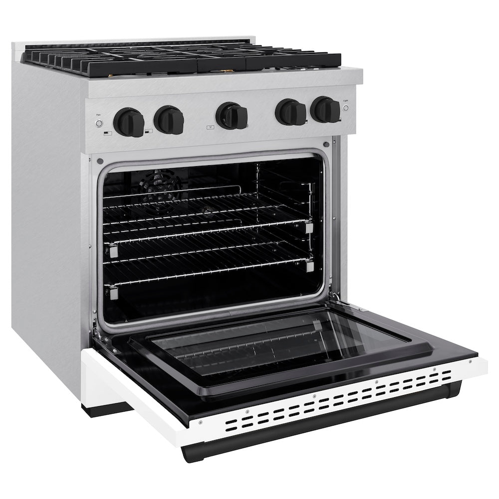 ZLINE Autograph Edition 30 in. 4.2 cu. ft. Paramount Dual Fuel Range with 4 Burner Gas Cooktop and Electric Convection Oven in Satin Stainless Steel with White Matte Door and Matte Black Accents (SDRSZ-WM-30-MB) side, open.