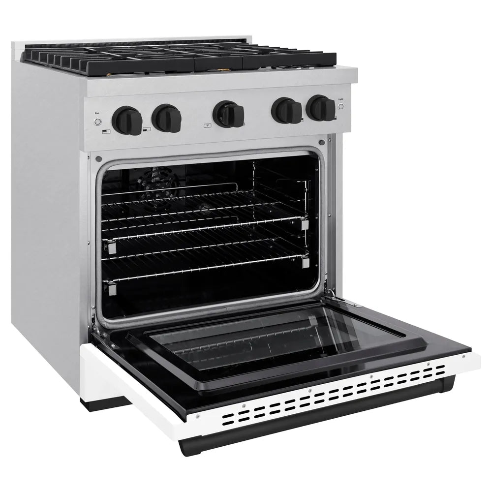 ZLINE Autograph Edition 30 in. 4.2 cu. ft. Paramount Dual Fuel Range with 4 Burner Gas Cooktop and Electric Convection Oven in Satin Stainless Steel with White Matte Door and Matte Black Accents, Open Box-Great Condition