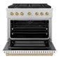 ZLINE Autograph Edition 36 in. 5.2 cu. ft. Paramount Dual Fuel Range with 6 Burner Gas Cooktop and Electric Convection Oven in Satin Stainless Steel with White Matte Door and Champagne Bronze Accents (SDRSZ-WM-36-CB) front, oven open.
