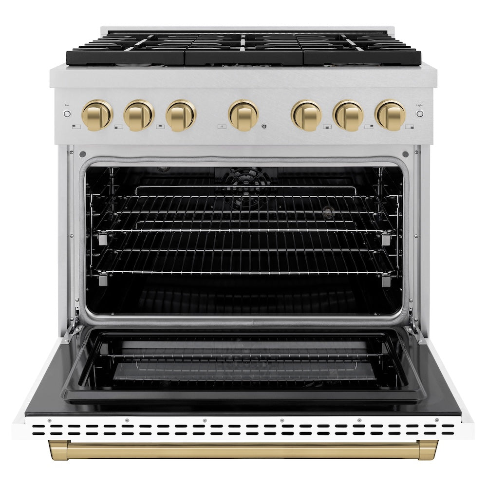ZLINE Autograph Edition 36 in. 5.2 cu. ft. Paramount Dual Fuel Range with 6 Burner Gas Cooktop and Electric Convection Oven in Satin Stainless Steel with White Matte Door and Champagne Bronze Accents (SDRSZ-WM-36-CB) front, oven open.