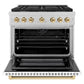 ZLINE Autograph Edition 36 in. 5.2 cu. ft. Paramount Dual Fuel Range with 6 Burner Gas Cooktop and Electric Convection Oven in Satin Stainless Steel with White Matte Door and Polished Gold Accents (SDRSZ-WM-36-G) front, oven open.