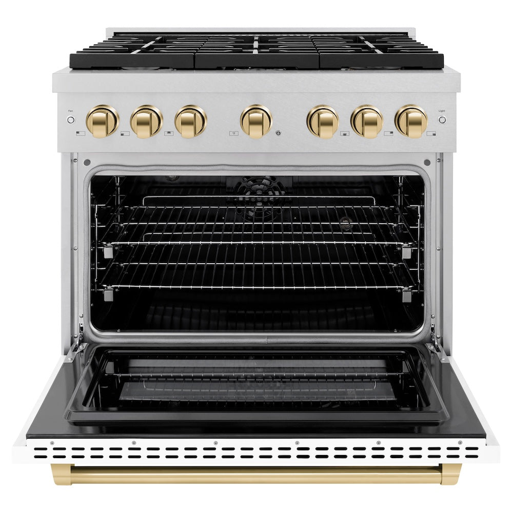 ZLINE Autograph Edition 36 in. 5.2 cu. ft. Paramount Dual Fuel Range with 6 Burner Gas Cooktop and Electric Convection Oven in Satin Stainless Steel with White Matte Door and Polished Gold Accents (SDRSZ-WM-36-G) front, oven open.