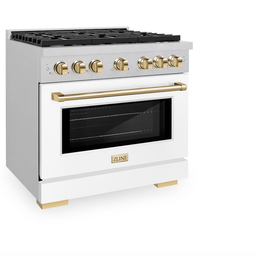 ZLINE Autograph Edition 36 in. 5.2 cu. ft. Paramount Dual Fuel Range with 6 Burner Gas Cooktop and Electric Convection Oven in Satin Stainless Steel with White Matte Door and Polished Gold Accents (SDRSZ-WM-36-G) side.