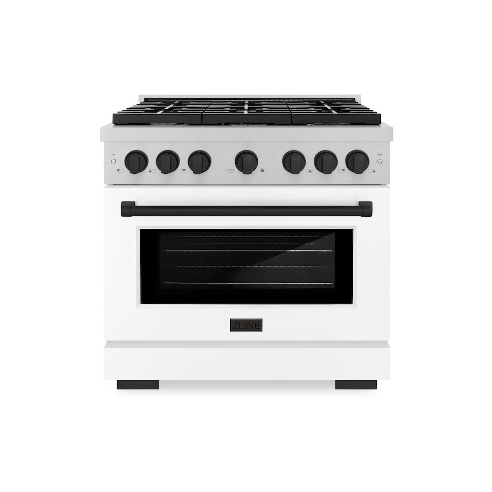 ZLINE Autograph Edition 36 in. 5.2 cu. ft. Paramount Dual Fuel Range with 6 Burner Gas Cooktop and Electric Convection Oven in Satin Stainless Steel with White Matte Door and Matte Black Accents, Open Box-Great Condition
