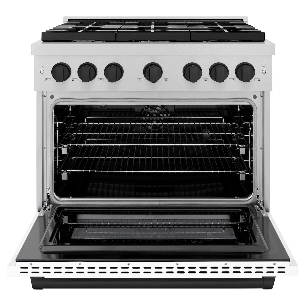 ZLINE Autograph Edition 36 in. 5.2 cu. ft. Paramount Dual Fuel Range with 6 Burner Gas Cooktop and Electric Convection Oven in Satin Stainless Steel with White Matte Door and Matte Black Accents (SDRSZ-WM-36-MB) front, oven open.