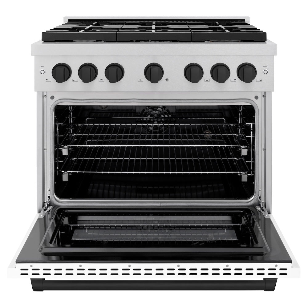ZLINE Autograph Edition 36 in. 5.2 cu. ft. Paramount Dual Fuel Range with 6 Burner Gas Cooktop and Electric Convection Oven in Satin Stainless Steel with White Matte Door and Matte Black Accents, Open Box-Great Condition