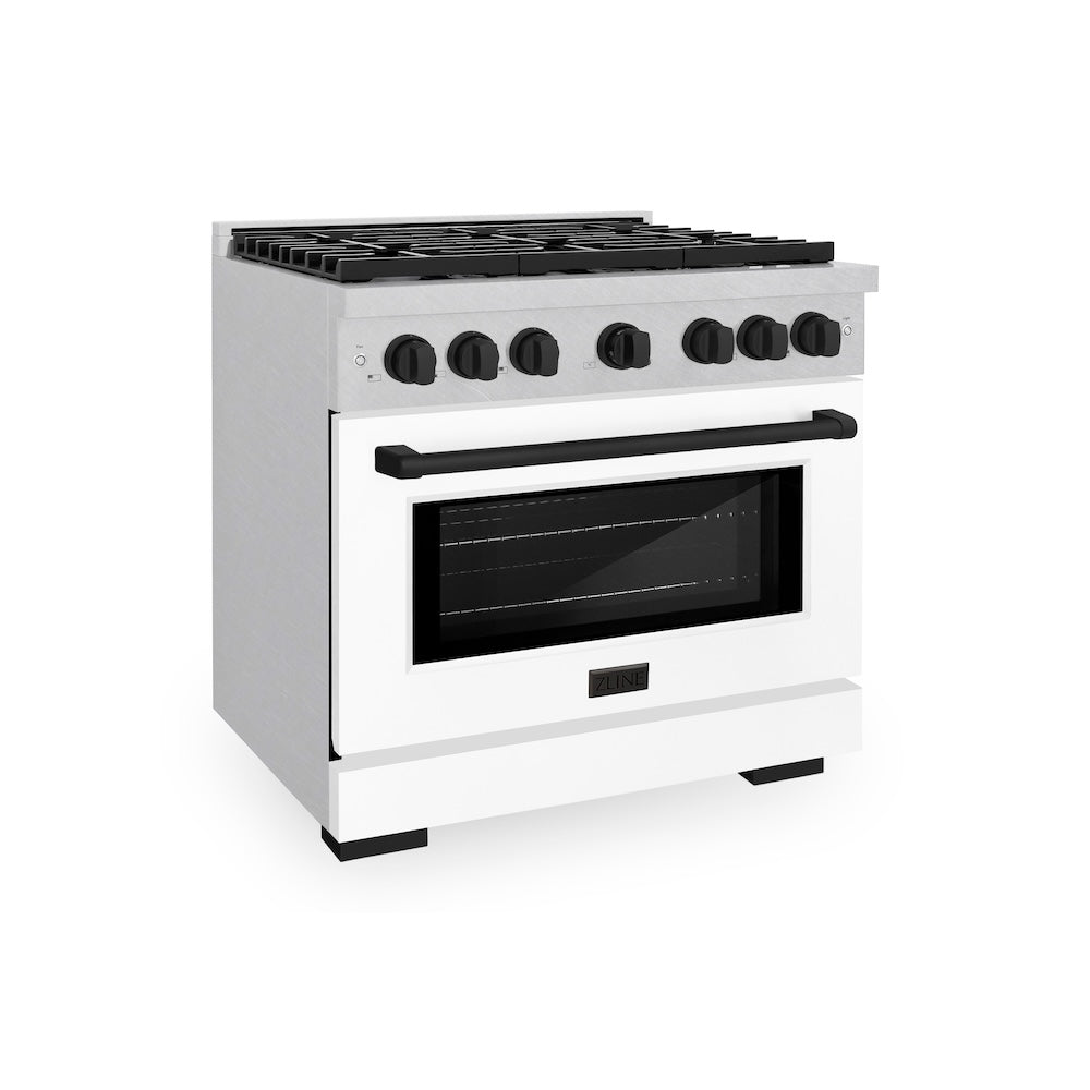 ZLINE Autograph Edition 36 in. 5.2 cu. ft. Paramount Dual Fuel Range with 6 Burner Gas Cooktop and Electric Convection Oven in Satin Stainless Steel with White Matte Door and Matte Black Accents (SDRSZ-WM-36-MB) main image.