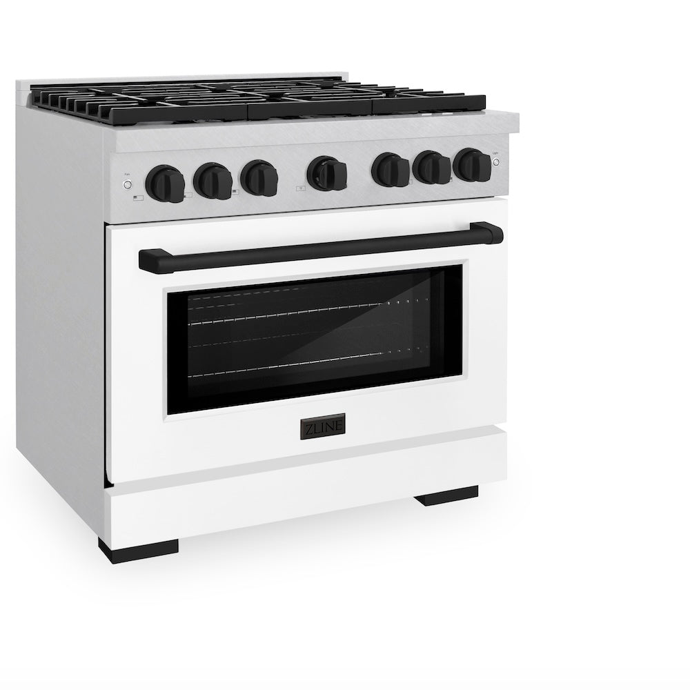 ZLINE Autograph Edition 36 in. 5.2 cu. ft. Paramount Dual Fuel Range with 6 Burner Gas Cooktop and Electric Convection Oven in Satin Stainless Steel with White Matte Door and Matte Black Accents, Open Box-Great Condition