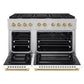 ZLINE Autograph Edition 48 in. 6.7 cu. ft. Paramount Double Oven Dual Fuel Range with 8 Burner Gas Cooktop in Satin Stainless Steel with White Matte Doors and Champagne Bronze Accents (SDRSZ-WM-48-CB) front, oven open.