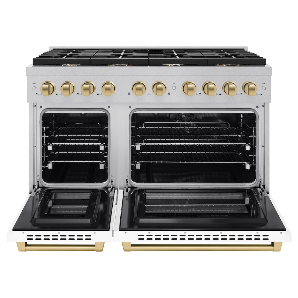ZLINE Autograph Edition 48 in. 6.7 cu. ft. Paramount Double Oven Dual Fuel Range with 8 Burner Gas Cooktop in Satin Stainless Steel with White Matte Doors and Champagne Bronze Accents (SDRSZ-WM-48-CB) front, oven open.