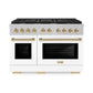 ZLINE Autograph Edition 48 in. 6.7 cu. ft. Paramount Double Oven Dual Fuel Range with 8 Burner Gas Cooktop in Satin Stainless Steel with White Matte Doors and Polished Gold Accents, Open Box-Great Condition
