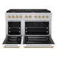 ZLINE Autograph Edition 48 in. 6.7 cu. ft. Paramount Double Oven Dual Fuel Range with 8 Burner Gas Cooktop in Satin Stainless Steel with White Matte Doors and Polished Gold Accents (SDRSZ-WM-48-G) front, oven open.