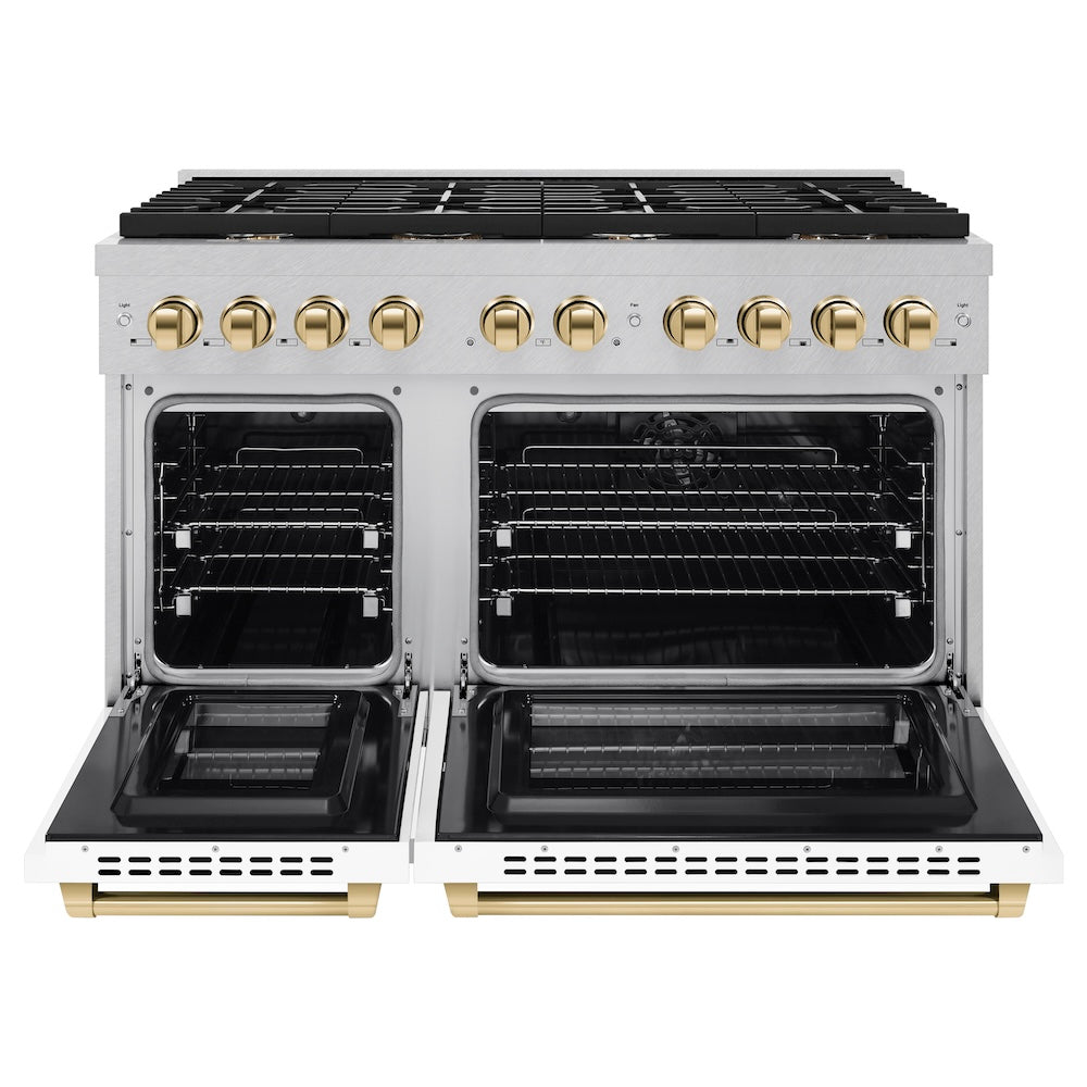 ZLINE Autograph Edition 48 in. 6.7 cu. ft. Paramount Double Oven Dual Fuel Range with 8 Burner Gas Cooktop in Satin Stainless Steel with White Matte Doors and Polished Gold Accents (SDRSZ-WM-48-G) front, oven open.