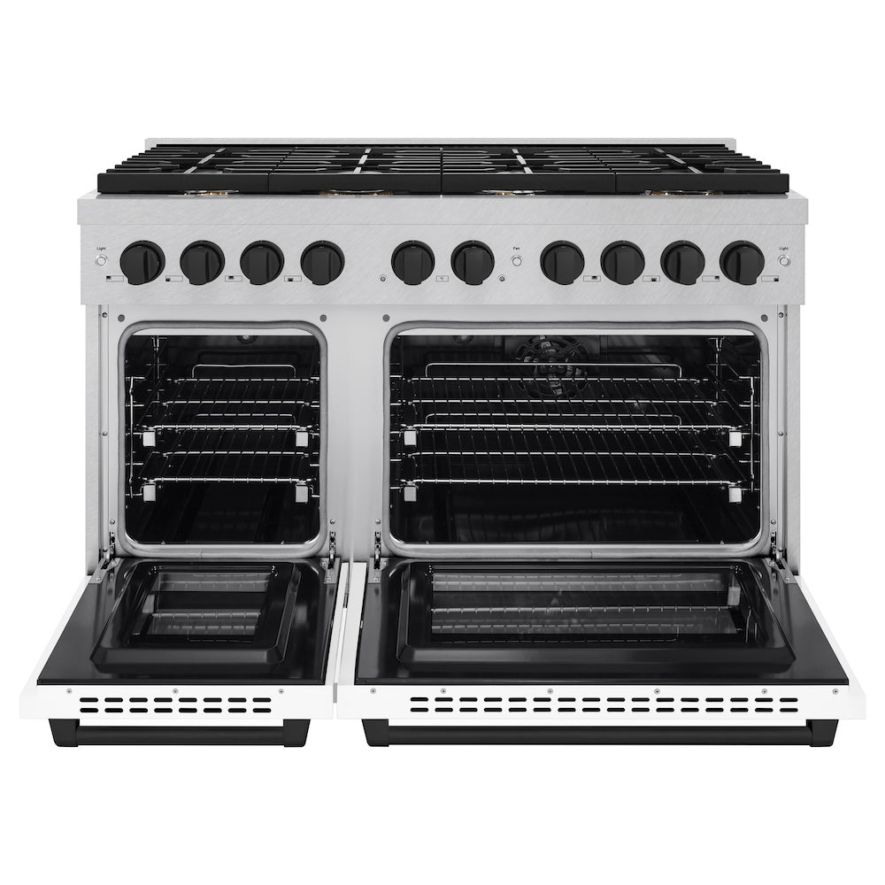 ZLINE Autograph Edition 48 in. 6.7 cu. ft. Paramount Double Oven Dual Fuel Range with 8 Burner Gas Cooktop in Satin Stainless Steel with White Matte Doors and Matte Black Accents (SDRSZ-WM-48-MB) front, oven open.