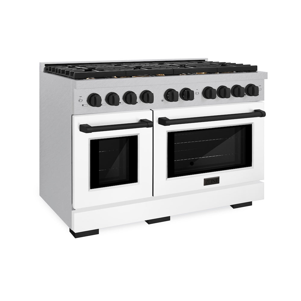 ZLINE Autograph Edition 48 in. 6.7 cu. ft. Paramount Double Oven Dual Fuel Range with 8 Burner Gas Cooktop in Satin Stainless Steel with White Matte Doors and Matte Black Accents, Open Box-Good Condition main image.
