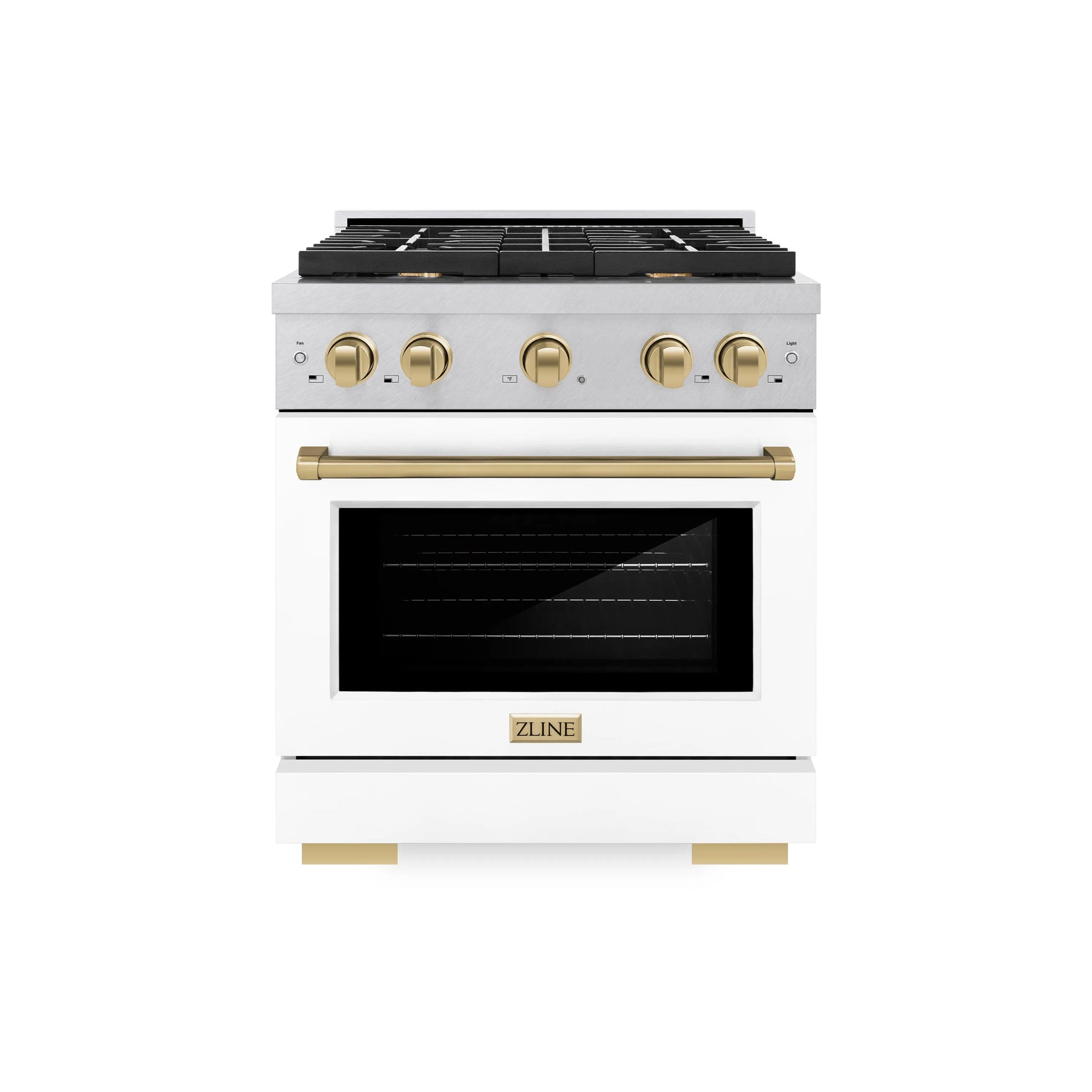 ZLINE Autograph Edition 30 in. 4.2 cu. ft. Paramount Gas Range with 4 Burner Cooktop and Convection Gas Oven in Satin Stainless Steel with White Matte Door and Champagne Bronze Accents, Open Box-Great Condition