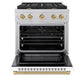 ZLINE Autograph Edition 30 in. 4.2 cu. ft. Paramount Gas Range with 4 Burner Cooktop and Convection Gas Oven in Satin Stainless Steel with White Matte Door and Champagne Bronze Accents (SGRSZ-WM-30-CB) front, oven open.