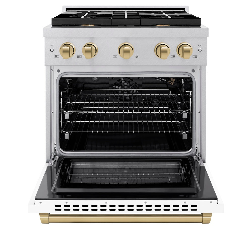 ZLINE Autograph Edition 30 in. 4.2 cu. ft. Paramount Gas Range with 4 Burner Cooktop and Convection Gas Oven in Satin Stainless Steel with White Matte Door and Champagne Bronze Accents (SGRSZ-WM-30-CB) front, oven open.