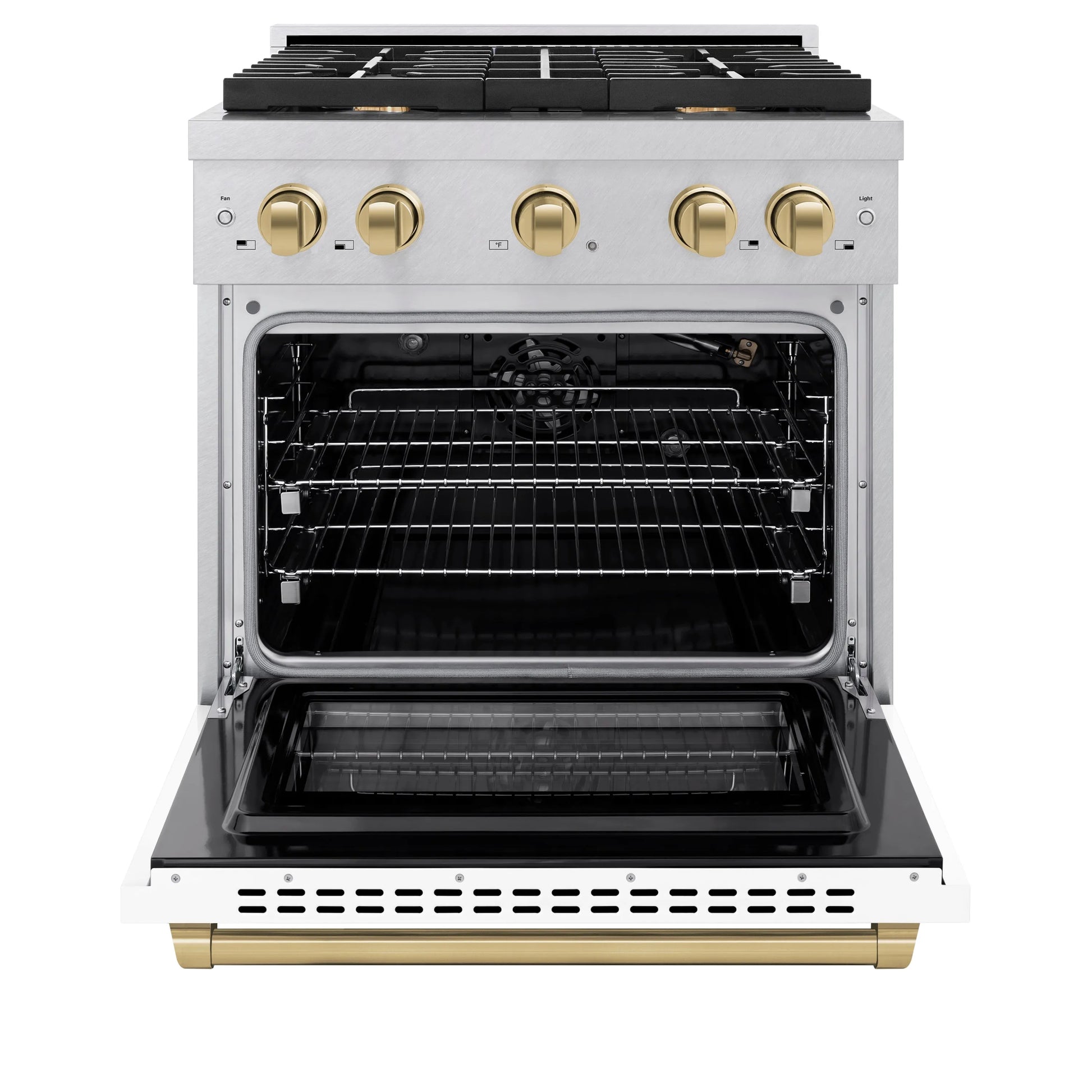 ZLINE Autograph Edition 30 in. 4.2 cu. ft. Paramount Gas Range with 4 Burner Cooktop and Convection Gas Oven in Satin Stainless Steel with White Matte Door and Polished Gold Accents, Open Box-Great Condition
