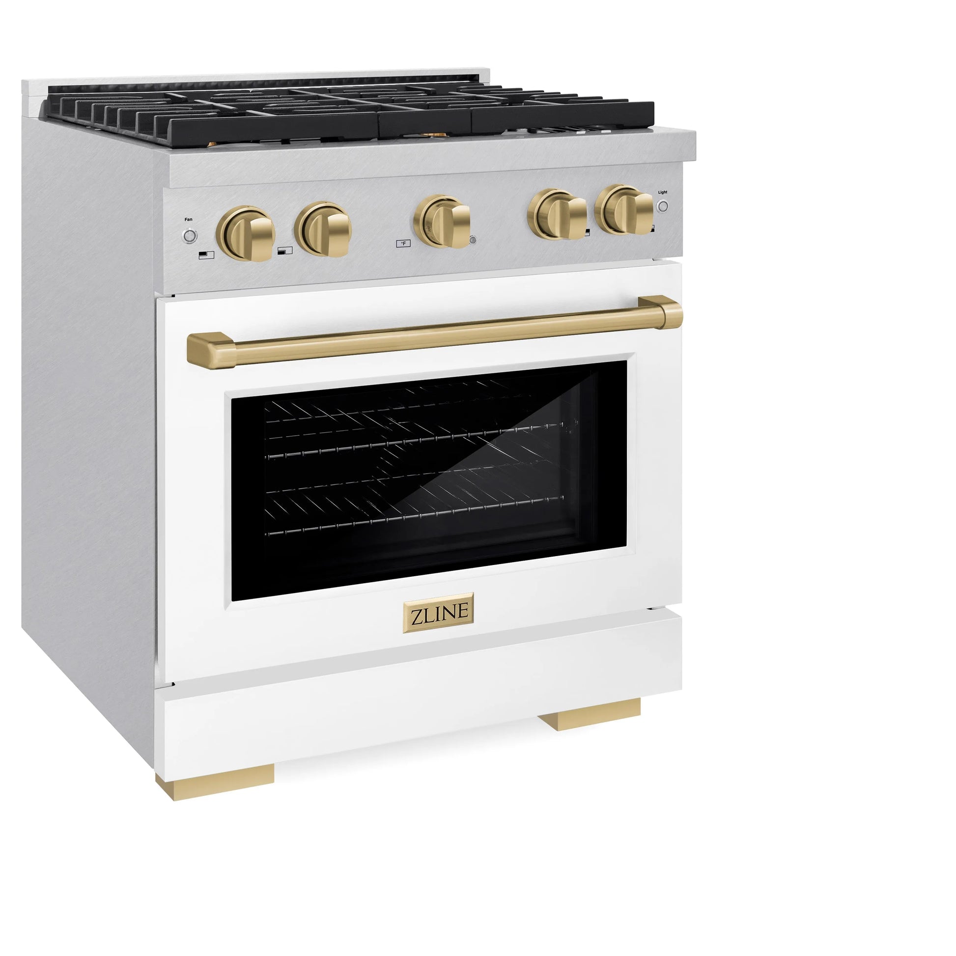 ZLINE Autograph Edition 30 in. 4.2 cu. ft. Paramount Gas Range with 4 Burner Cooktop and Convection Gas Oven in Satin Stainless Steel with White Matte Door and Champagne Bronze Accents, Open Box-Great Condition